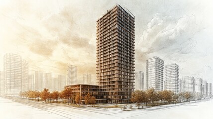 Architectural Design: Modern High-Rise Building Sketch and Cityscape