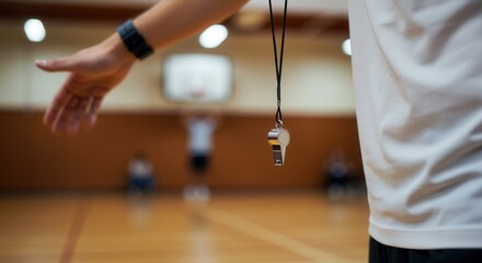 Coach blowing whistle in indoor basketball gym for team practice