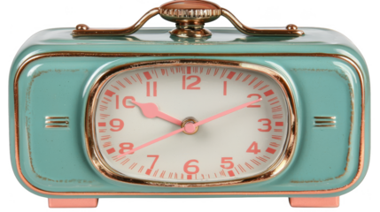 Vintage style alarm clock with turquoise body, pink hands, and retro design, showing time as 950