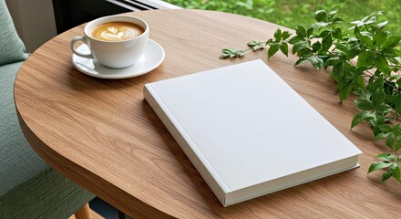 Minimalist White Book on Wood Table Coffee Greenery Scene
