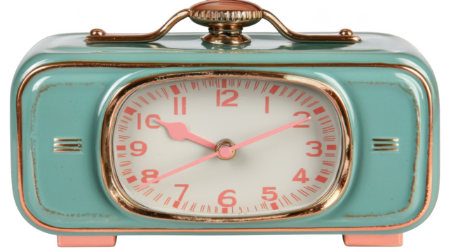Vintage style alarm clock with turquoise body, pink hands, and retro design, showing time as 950