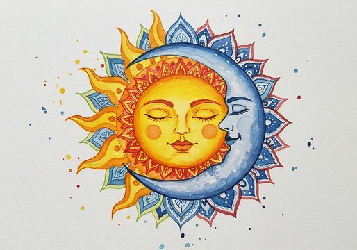 Watercolor sun moon art celestial astrology painting illustration design dreamy spiritual artwork decor