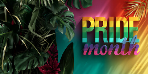 pride month colorful sign over tropical background; copy space
