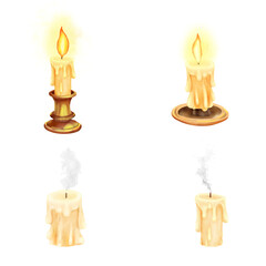 Guttered wax candles, set. Watercolor illustration. Burning and extinguished candles with light smoke, isolated on a white background. The theme of esotericism, Halloween and old libraries
