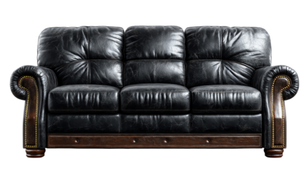 A luxurious black leather sofa with plush cushions, ideal for modern living spaces.