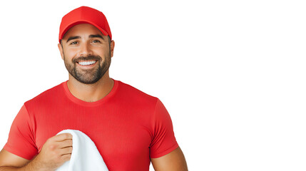 Fototapeta premium Smiling man in a red cap and shirt holding a towel, white isolate background.