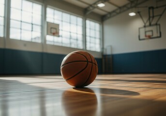 Naklejka premium Basketball on sunlit indoor court with high ceilings and wooden flooring