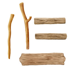 Wooden planks and sticks, set. Watercolor illustration. Flat boards and cuttings from broom shovels, tree branches, isolated on a white background.