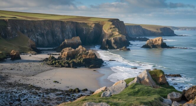 Cliffs and rocky coastline along a sandy beach with ocean waves and grassy areas. Coastal landscape with high cliffs and rock formations.
