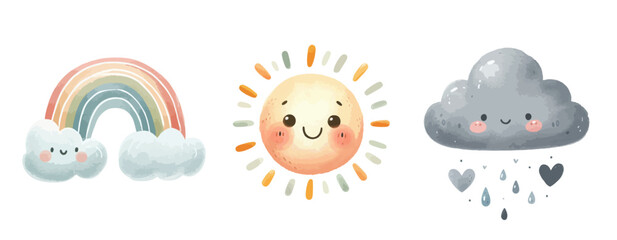 Watercolor New born baby shower elements with happy sun, rainbow, big cloud with rain.