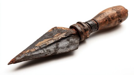 A 4K photo of ancient Wooden Arrowhead Weapon on white background.