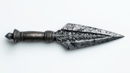 A 4K photo of antique Spearhead: A Majestic Historical Weapon on white background.