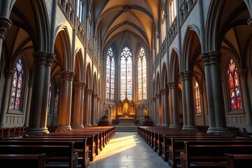 Obraz premium Awe-inspiring gothic cathedral, intricate stone carvings, stained glass windows illuminating the nave, soaring arches, religious sanctuary, peaceful atmosphere, spiritual place , interior, church