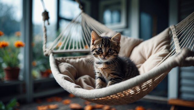 A cute kitten sitting in a hammock indoors, with a cozy atmosphere, surrounded by potted plants and soft cushions.