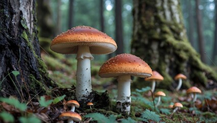 Group of mushrooms growing on forest floor among trees with moss and greenery. Mycology and fungi in natural habitat. Forest ecosystem and biodiversity. Mushrooms and plant life.