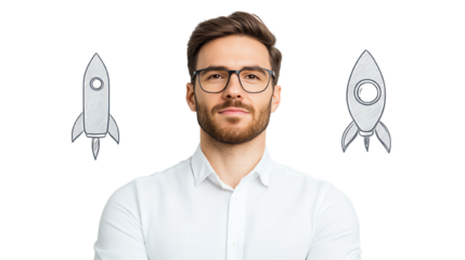 A confident man in a white shirt, standing amidst rocket doodles, symbolizing innovation and entrepreneurial spirit.