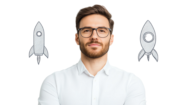 A confident man in a white shirt, standing amidst rocket doodles, symbolizing innovation and entrepreneurial spirit.