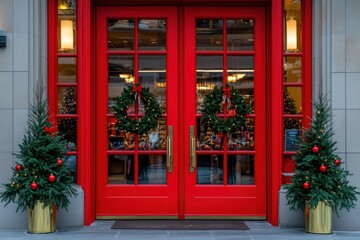 Fototapeta premium Holiday Store Entrance: Big Red Double Doors Welcoming Shoppers for Christmas Season