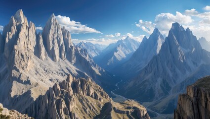 Fototapeta premium Mountain landscape with sharp peaks and a valley, featuring rugged terrain and clear sky. Scenic mountain scenery with impressive rocky formations and lush greenery.