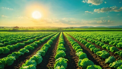 Vast agricultural field with lush green crops under a bright sun and partly cloudy sky, showcasing farming and nature.
