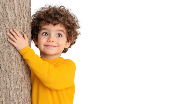 Happy child embracing a tree, joyful expression with curly hair, wearing a yellow sweater, isolated background.