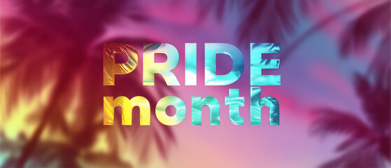 panoramic banner with pride month colorful words over abstract panoramic tropical background; cheerful summer color scheme