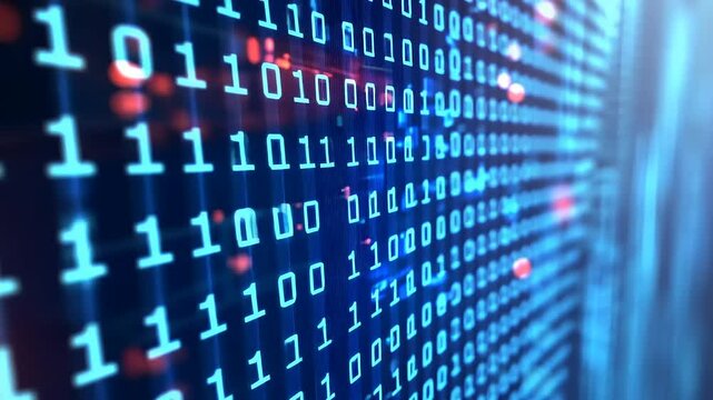Digital binary code streams flowing across a futuristic interface with glowing elements in the background