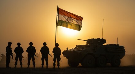Indian soldiers standing alongside a military tank during sunset with an Indian flag in the background