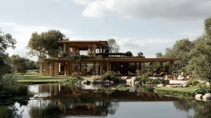 Obraz premium Cozy countryside cottage house surrounded by lush green landscape, featuring rustic architecture, peaceful environment, and natural beauty under clear blue sky on a sunny day.