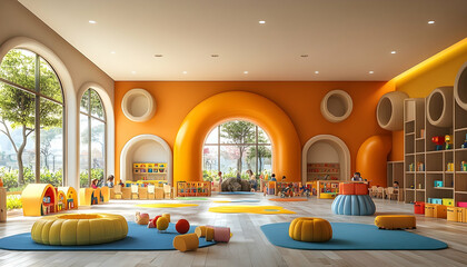 Brightly lit playroom with large windows, orange accents, blue rugs, and children playing with toys