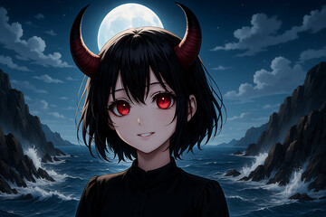Eerie moonlit anime portrait of a horned demon girl with piercing red eyes standing against crashing ocean waves and jagged cliffs, evoking dark fantasy allure and supernatural mystery