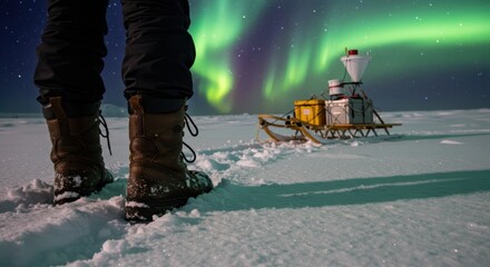 Explorer's legs walking on snow with scientific equipment on a sled and vibrant aurora borealis in the night sky, polar expedition concept.