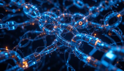 A digital blockchain network with interconnected links glowing in blue and orange on a dark background
