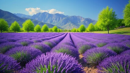 Beautiful landscape showcasing a lavender field beside the Alpe foothills.