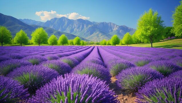 Fototapeta Beautiful landscape showcasing a lavender field beside the Alpe foothills.