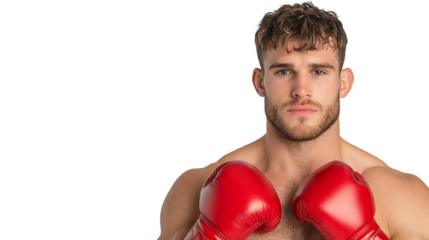 Athletic male boxer posing confidently in red gloves, showcasing strength and determination, isolated on a white background.