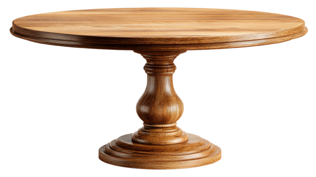 Elegant wooden table with a round top, designed for dining or display in a modern home setting.