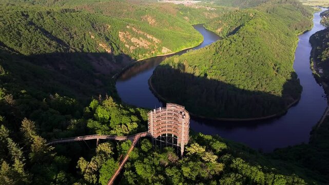 the famous german Saar river loop with observation tower 4k 50fps video