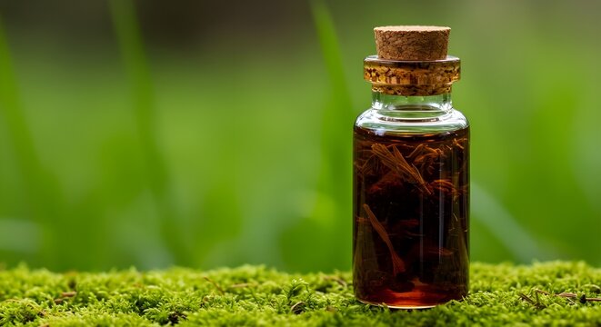 Glass Bottle of Dark Liquid Tincture on Green Moss | Natural Remedy Elixir for Herbal Medicine, Aromatherapy, and Wellness Product Mockups