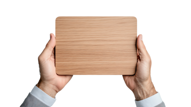 A person holding a wooden presentation board with a neutral expression, perfect for showcasing ideas on a clean background.