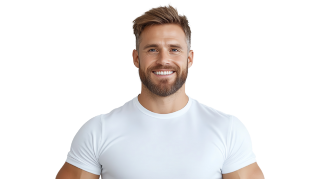Smiling man with a beard wearing a white t-shirt, isolated on white background.