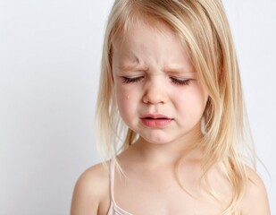 Portrait of a crying Caucasian girl on white background