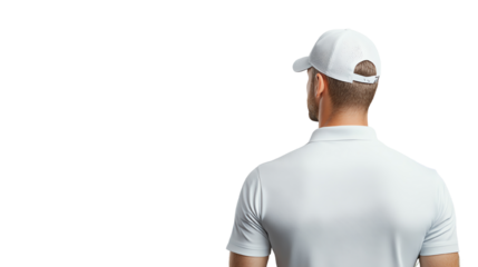 Man in a white cap and shirt, viewed from the back, showcasing casual sportswear style.