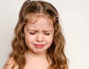 Portrait of a crying Caucasian girl on white background