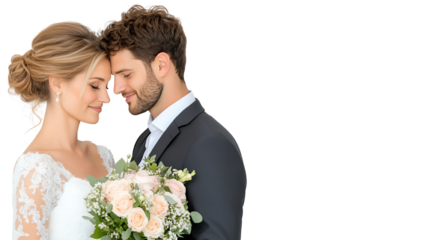 Happy couple embracing, celebrating love on their wedding day, with a beautiful bouquet of flowers.