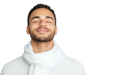 Smiling man with closed eyes, wearing a cozy white scarf, relaxed and content, against a white isolated background.