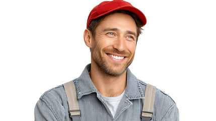 Cheerful man in work uniform and red cap smiling, capturing positivity and friendliness in the workplace.