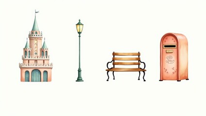 Fairytale Castle Park Bench Street Lamp and Pink Postbox Illustration