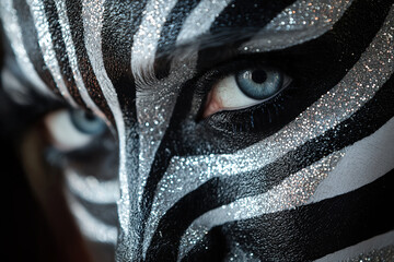 Striking zebra inspired face paint with intense blue eyes