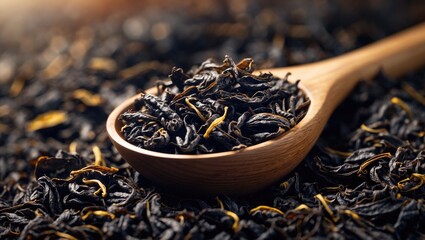 Fototapeta premium Wooden spoon with dry black tea leaves